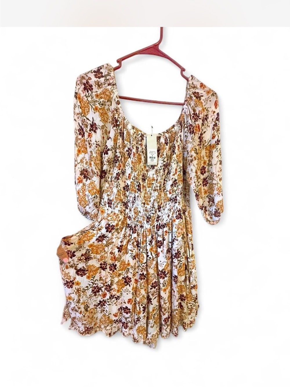 Francesca’s Blue Rain Floral Smocked Romper Dress in Cream, Mustard & Burgandy